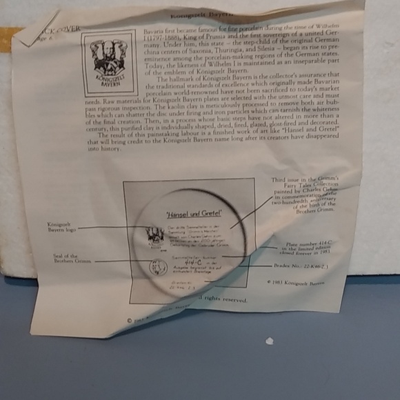 1981 Hansel & Gretel  Collectors Plate Germany in Box w/ Paperwork - Picture 6 of 7